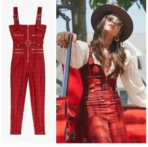 WE WORE WHAT Women's Moto Overalls Plaid Pompeian Red SMALL